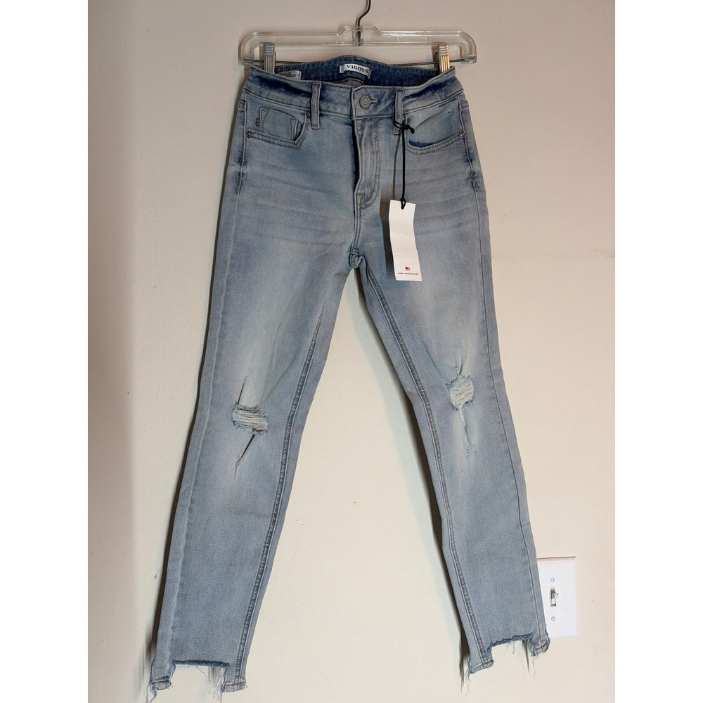Vigoss Marley Mid Rise Skinny Jeans Light Wash Distressed Raw Step Hem Size 26